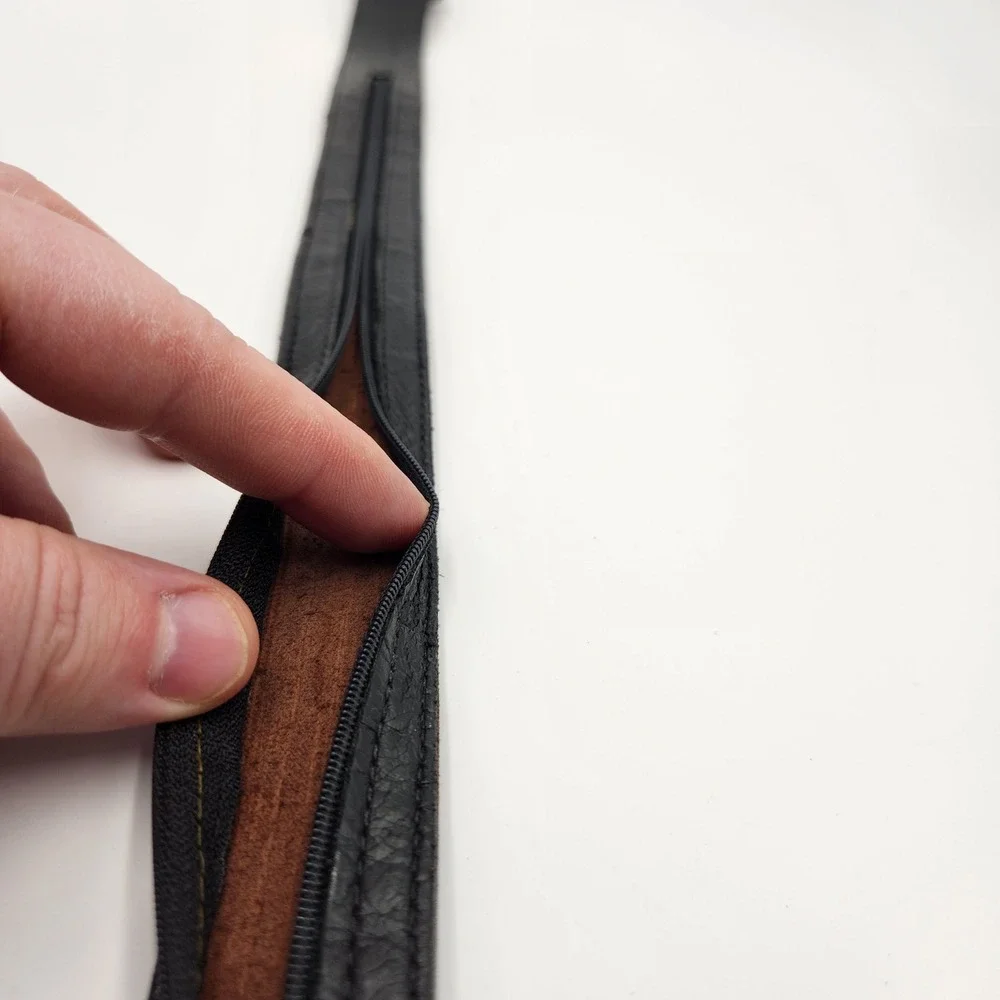 Mens Black Leather Money Belt Travel Security Hidden Zipper Pocket Silver Buckle